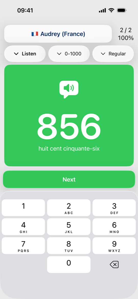 Listen mode: the number 856 answered correctly, shown on a green card