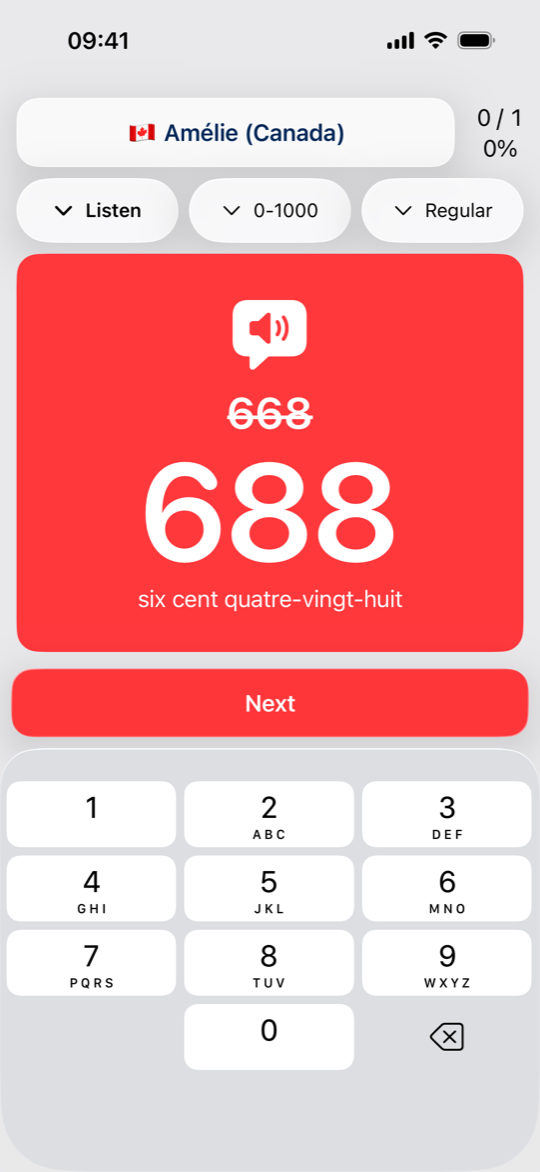 Listen mode: a wrong answer, 668, corrected to 688 on a red card