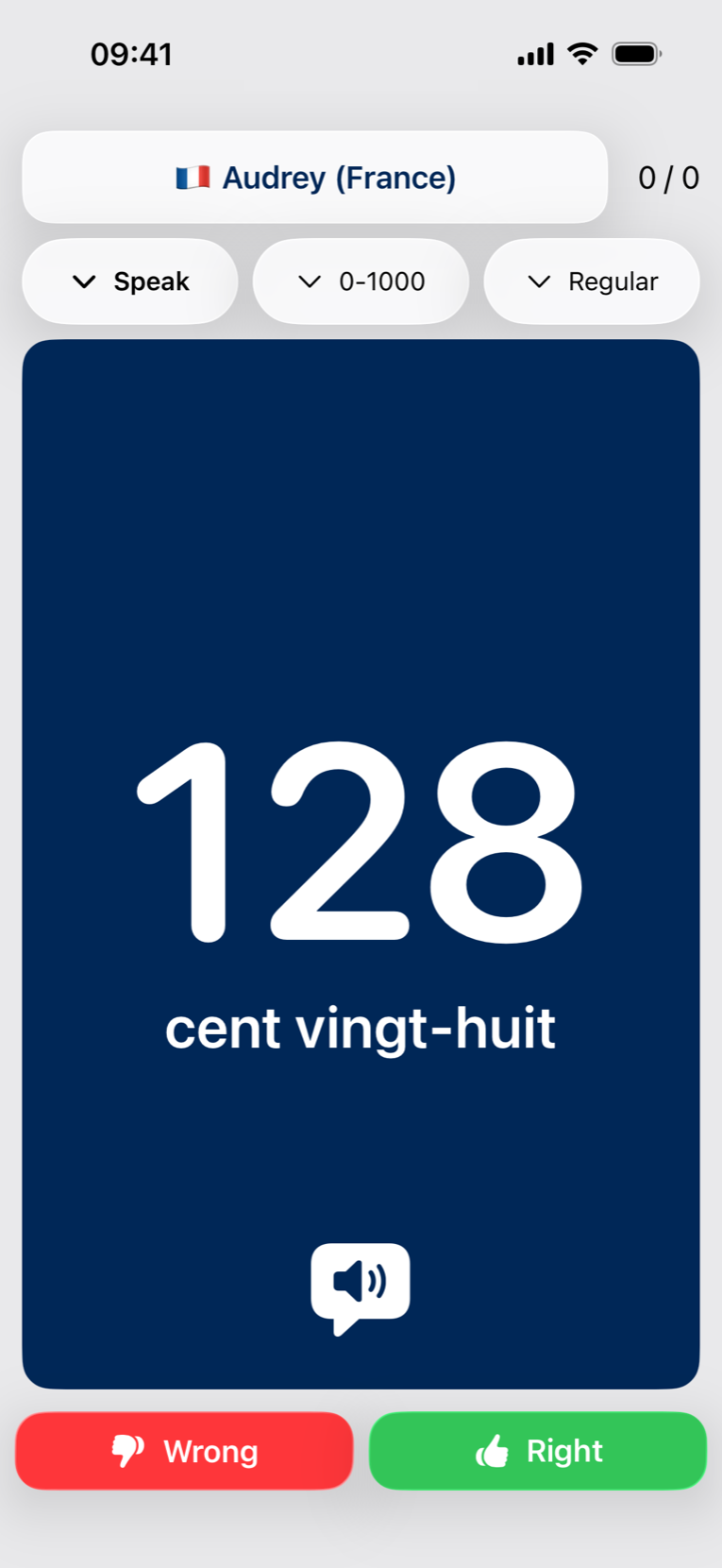 French Numbers app showing the number 128 with the words cent vingt-huit